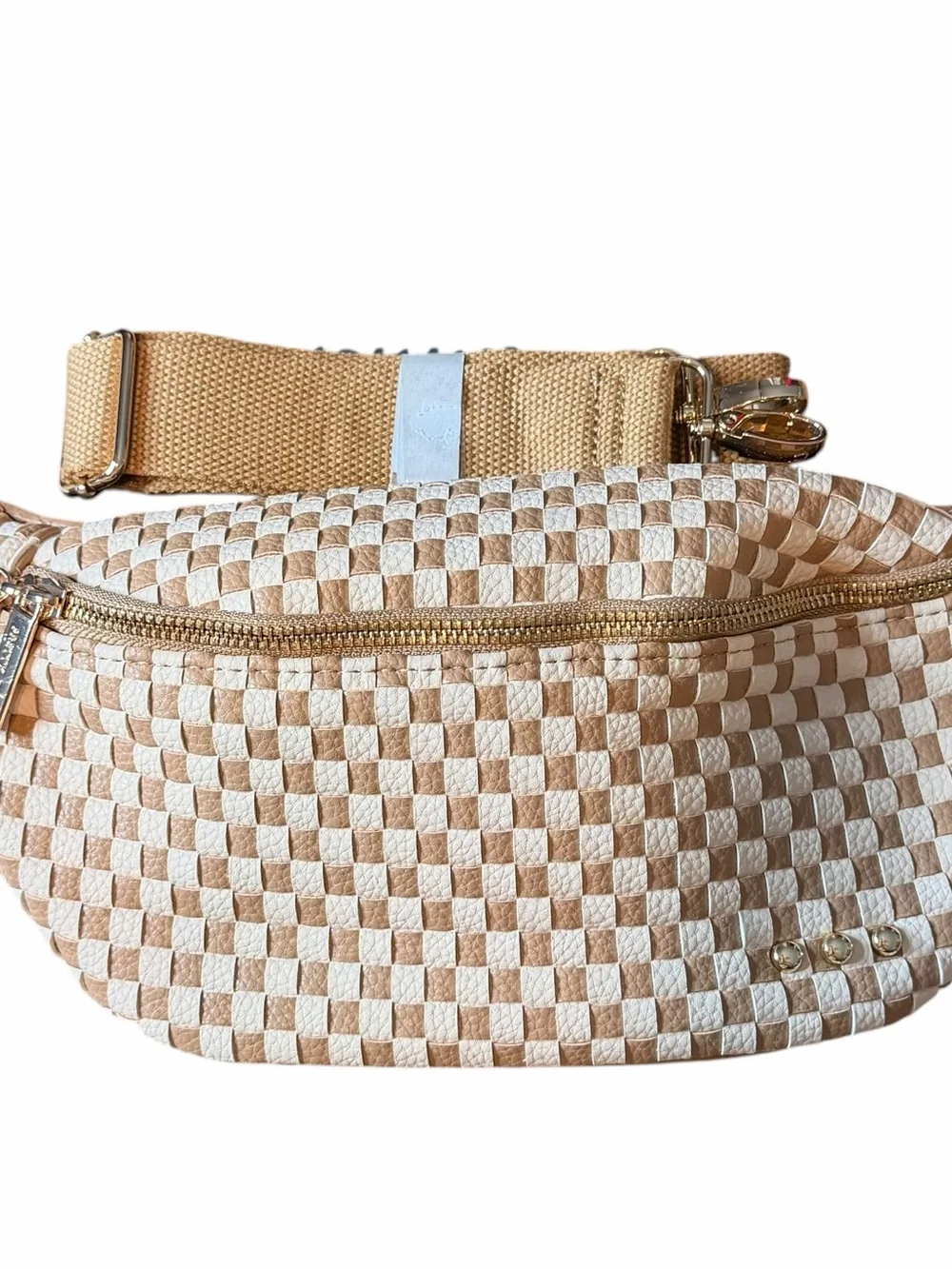 Pretty Simple Woven Susie Sidekick Bum Bag High Quality Vegan Leather Check Tan
